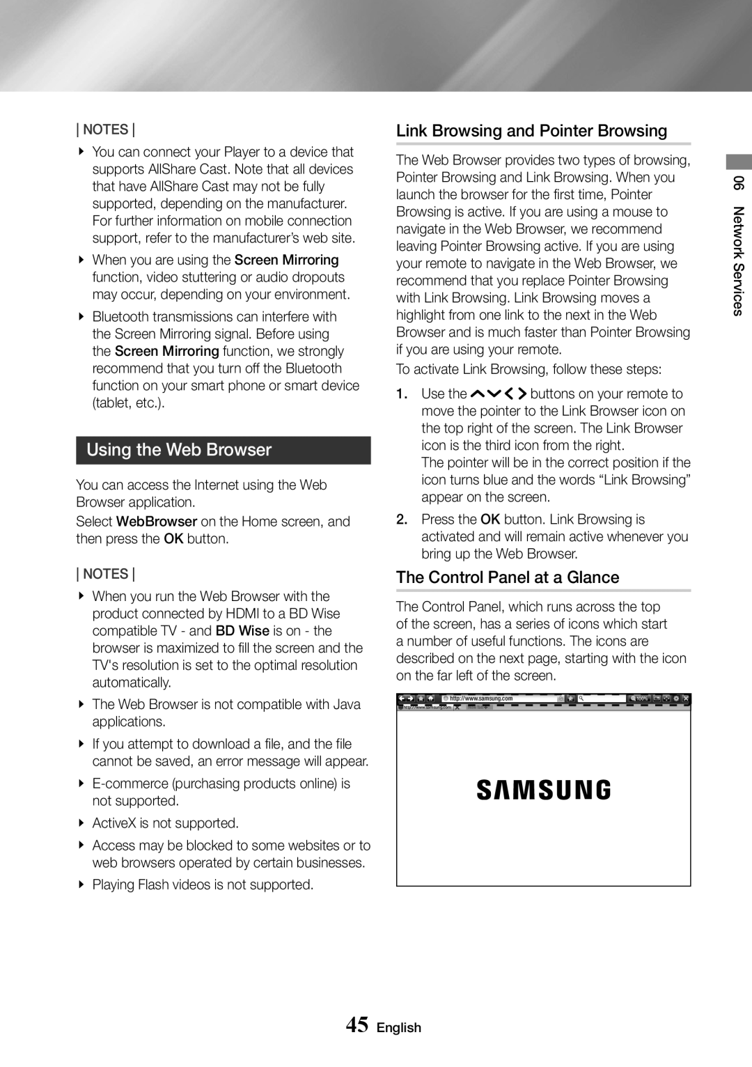 Samsung UBD-K8500/EN, UBD-K8500/ZF Using the Web Browser, Link Browsing and Pointer Browsing, Control Panel at a Glance 