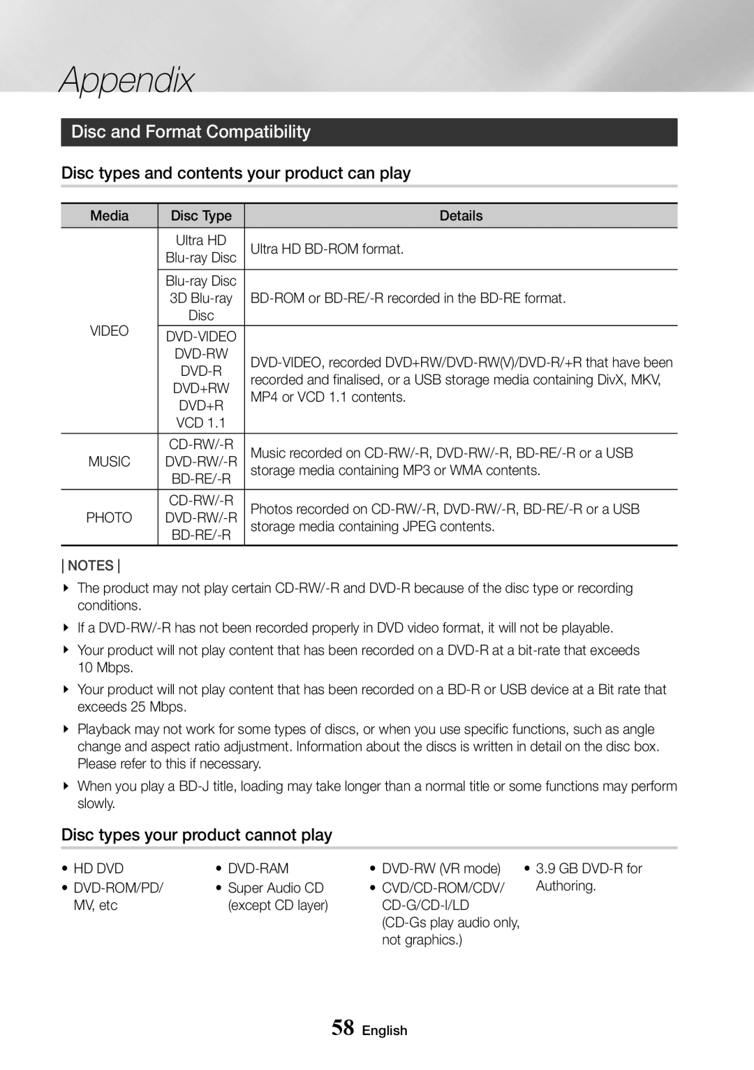 Samsung UBD-K8500/ZF, UBD-K8500/EN manual Disc and Format Compatibility, Disc types and contents your product can play 