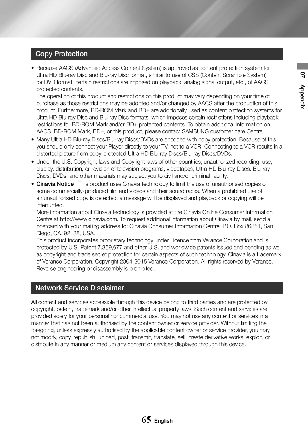 Samsung UBD-K8500/XE, UBD-K8500/EN, UBD-K8500/ZF manual Copy Protection, Network Service Disclaimer 