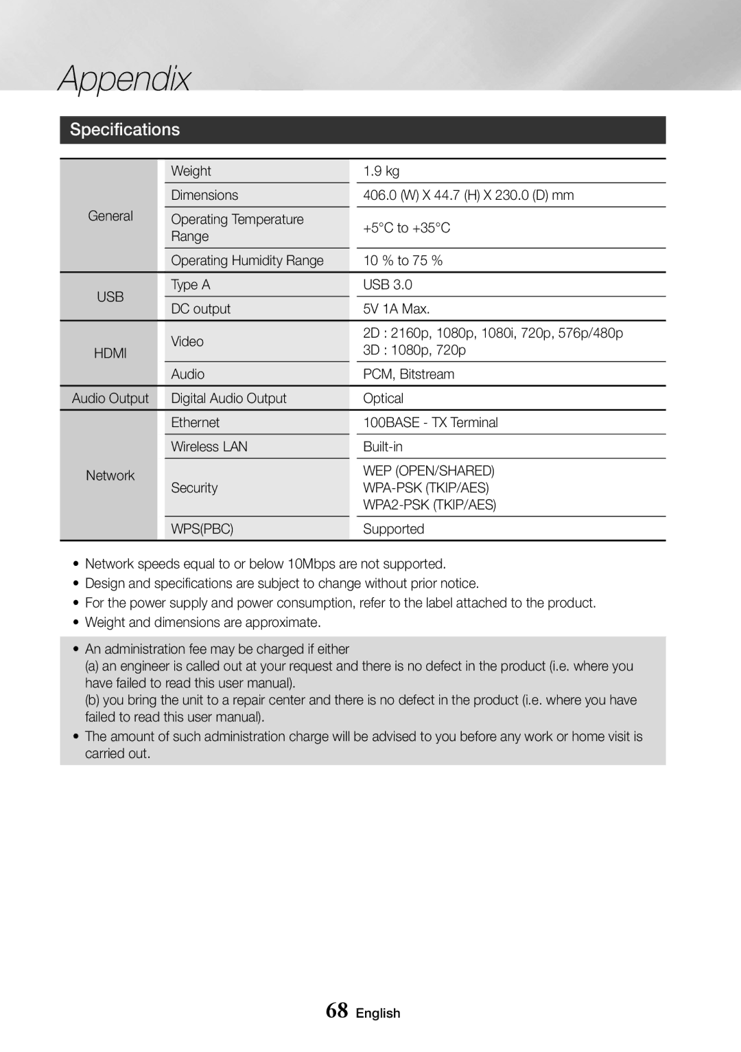 Samsung UBD-K8500/XE, UBD-K8500/EN manual Specifications, Wep Open/Shared, Wpa-Psk Tkip/Aes, WPA2-PSK TKIP/AES, Wpspbc 