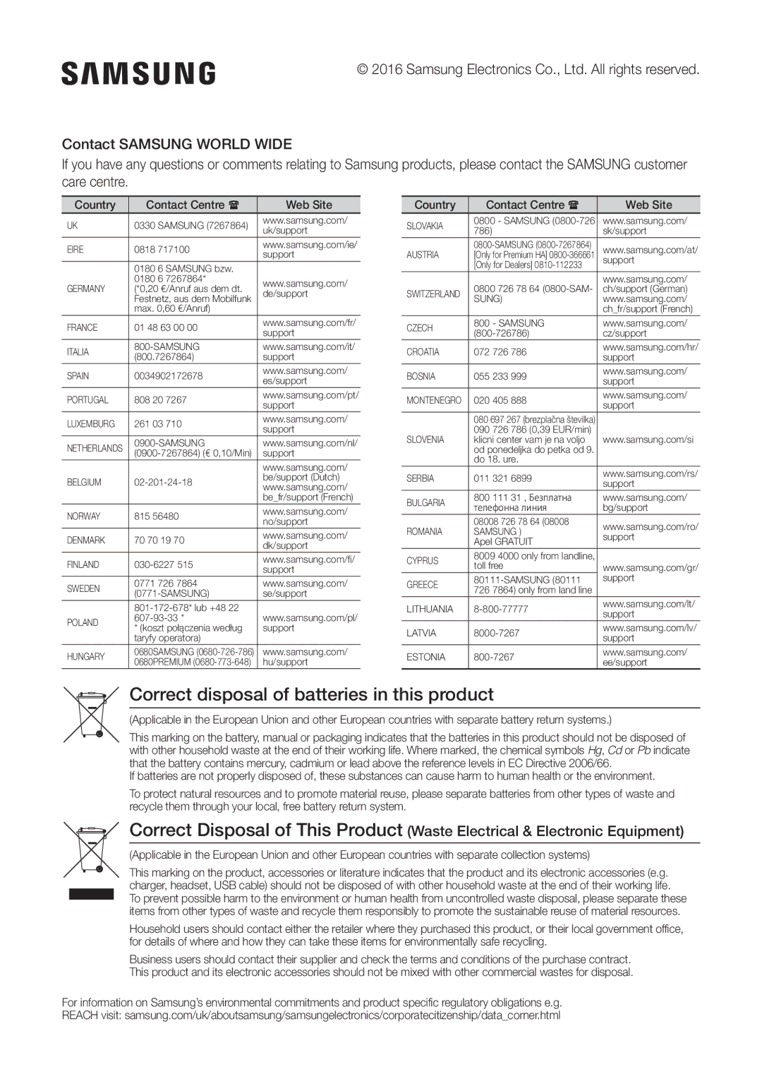 Samsung UBD-K8500/EN, UBD-K8500/ZF manual Correct disposal of batteries in this product, Country Contact Centre  Web Site 