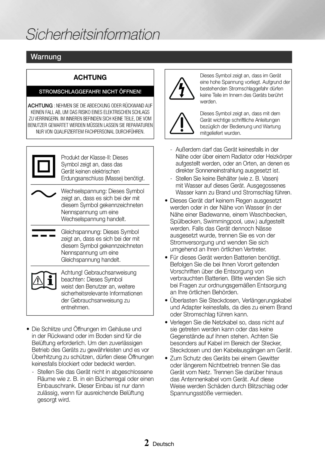 Samsung UBD-K8500/EN manual Sicherheitsinformation, Warnung, Deutsch 