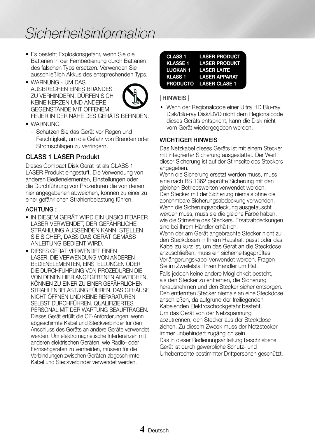 Samsung UBD-K8500/EN Class 1 Laser Produkt, Feuer in DER Nähe DES Geräts Befinden Warnung, Achtung, Wichtiger Hinweis 