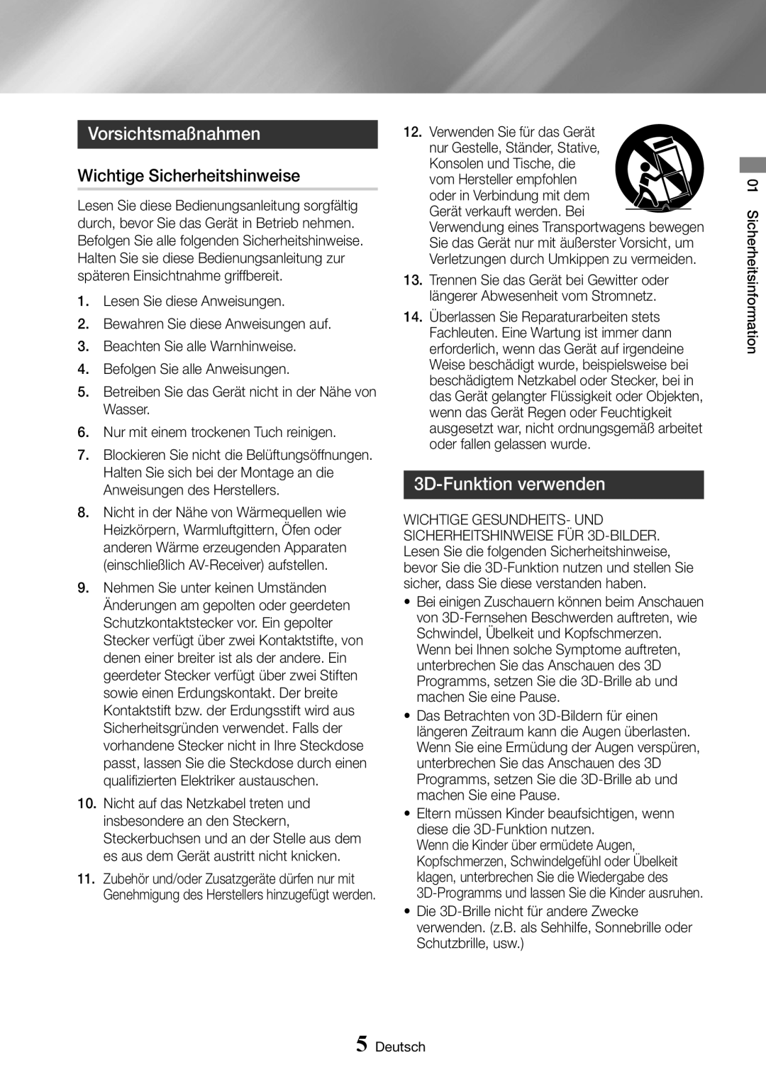 Samsung UBD-K8500/EN manual Vorsichtsmaßnahmen, Wichtige Sicherheitshinweise, 3D-Funktion verwenden 