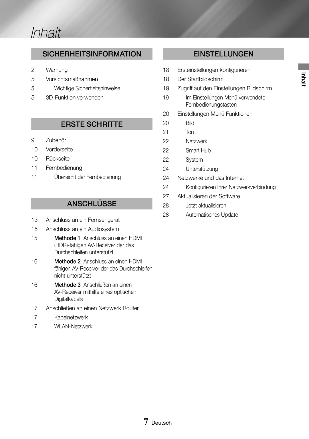 Samsung UBD-K8500/EN manual Inhalt, Warnung, Vorsichtsmaßnahmen, Wichtige Sicherheitshinweise 3D-Funktion verwenden 