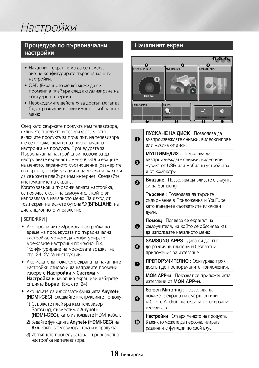 Samsung UBD-K8500/EN manual Настройки, Процедура по първоначални настройки, Началният екран 