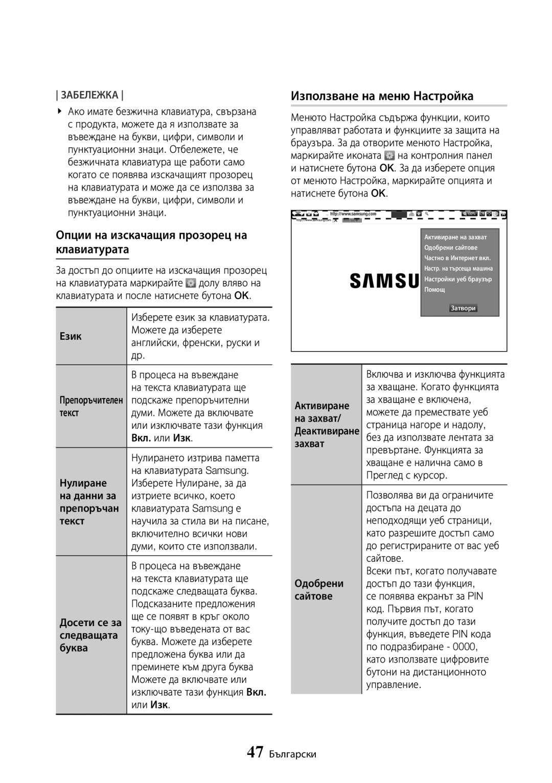 Samsung UBD-K8500/EN manual Използване на меню Настройка, Опции на изскачащия прозорец на клавиатурата 