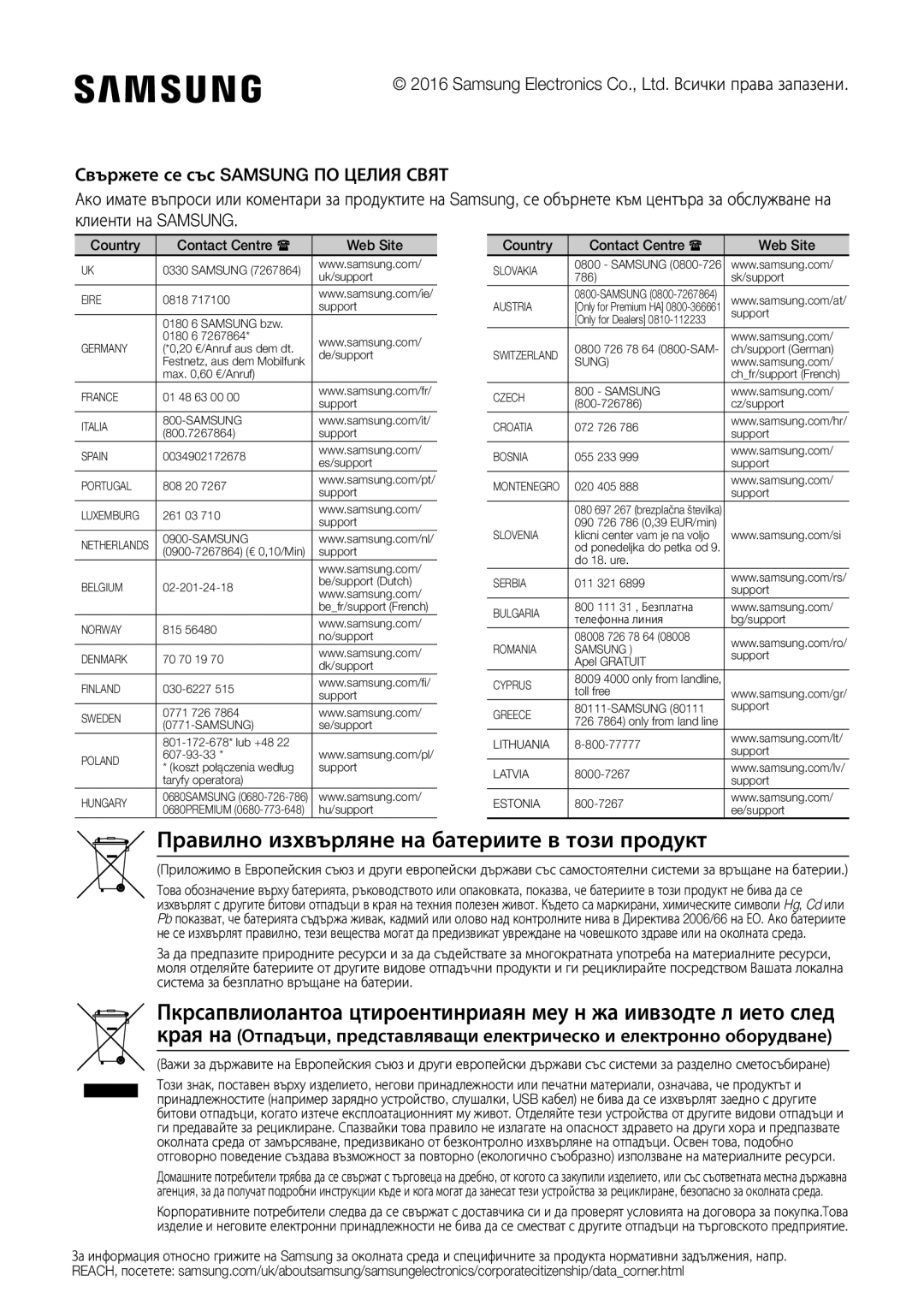 Samsung UBD-K8500/EN manual Правилно изхвърляне на батериите в този продукт, Country Contact Centre  Web Site 