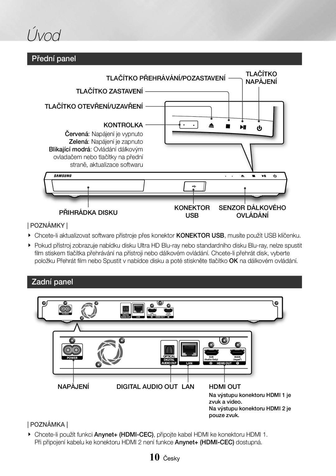 Samsung UBD-K8500/EN manual Přední panel, Zadní panel, Konektor Senzor Dálkového Přihrádka Disku USB 