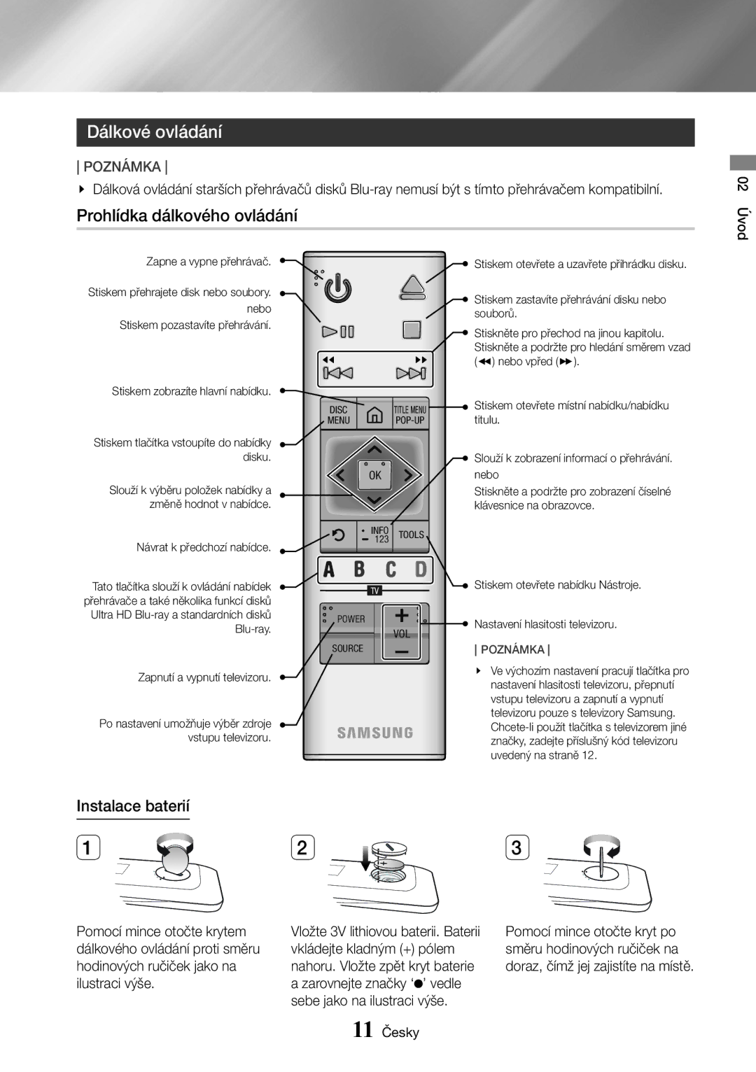 Samsung UBD-K8500/EN manual Dálkové ovládání, Prohlídka dálkového ovládání, Instalace baterií 