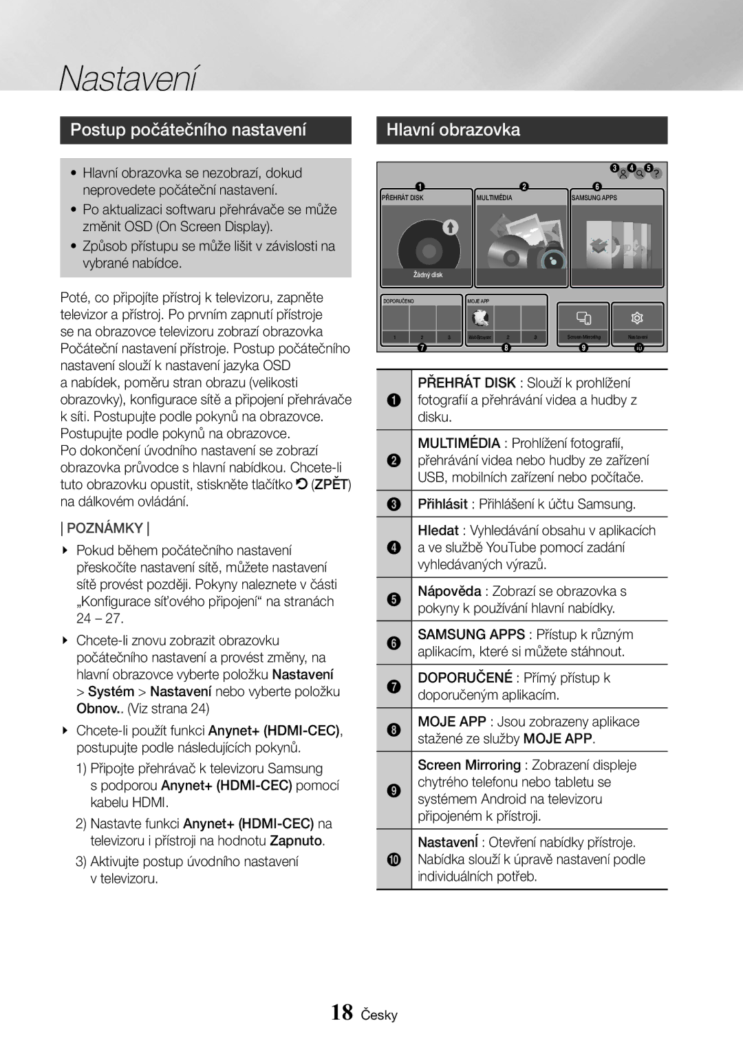 Samsung UBD-K8500/EN manual Nastavení, Postup počátečního nastavení, Hlavní obrazovka 