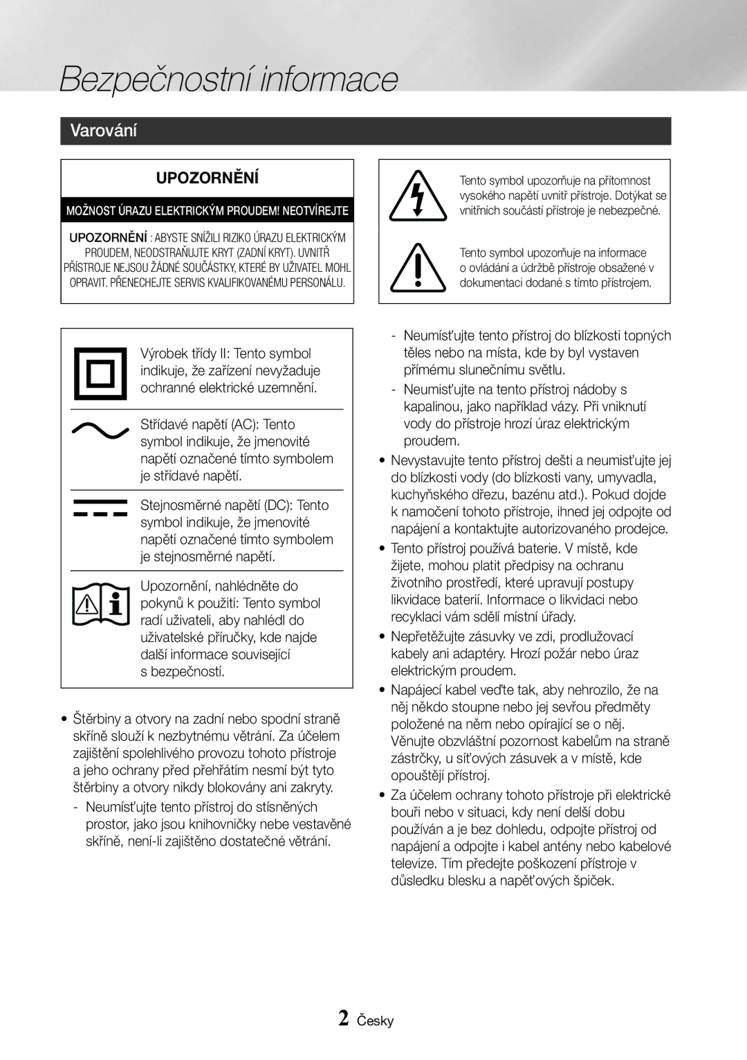 Samsung UBD-K8500/EN manual Bezpečnostní informace, Varování, Bezpečností 