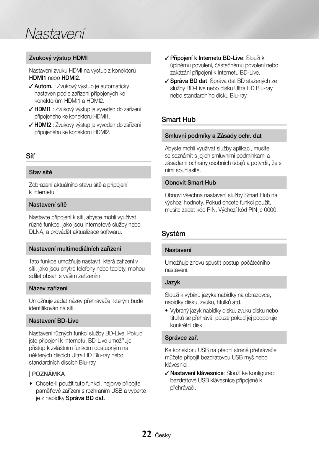 Samsung UBD-K8500/EN manual Síť, Smart Hub, Systém, Nastavení multimediálních zařízení 