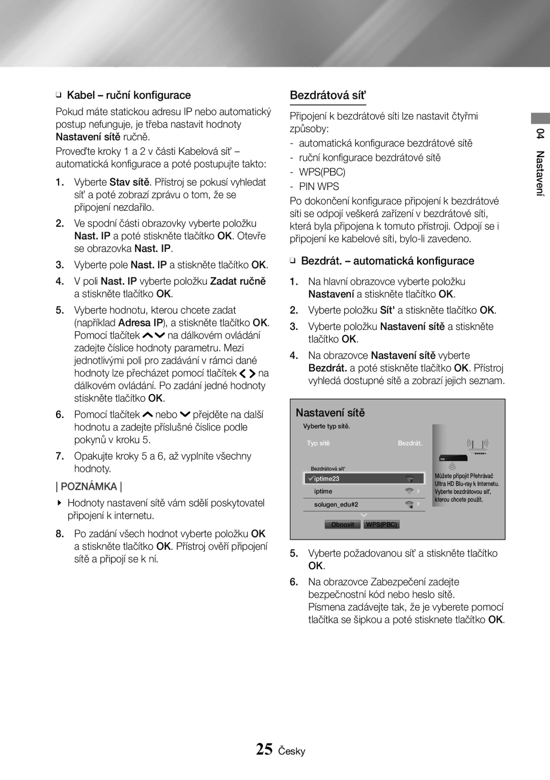 Samsung UBD-K8500/EN manual Bezdrátová síť, Wpspbc PIN WPS 