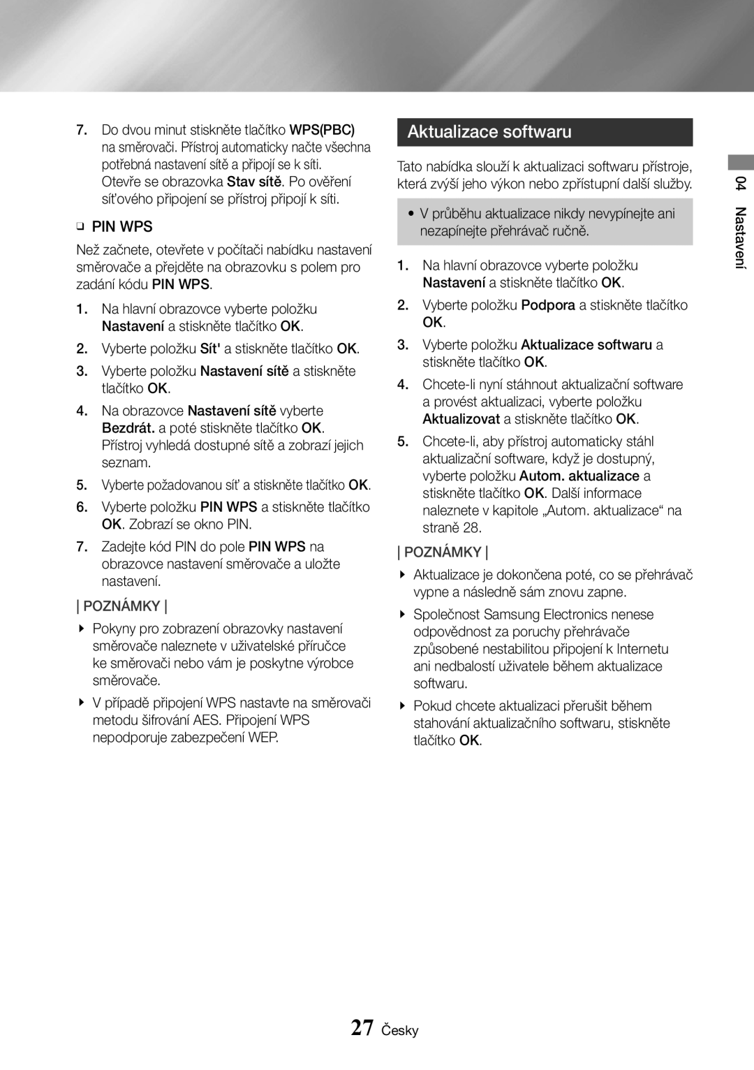 Samsung UBD-K8500/EN manual Aktualizace softwaru, Ğğ Pin Wps 