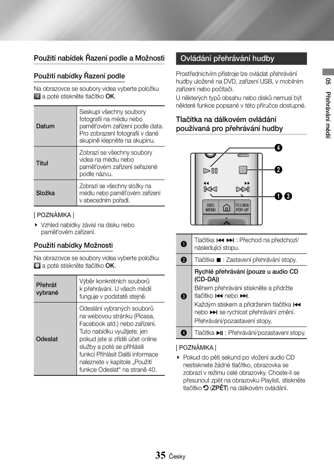 Samsung UBD-K8500/EN Použití nabídek Řazení podle a Možnosti, Ovládání přehrávání hudby, Použití nabídky Řazení podle 