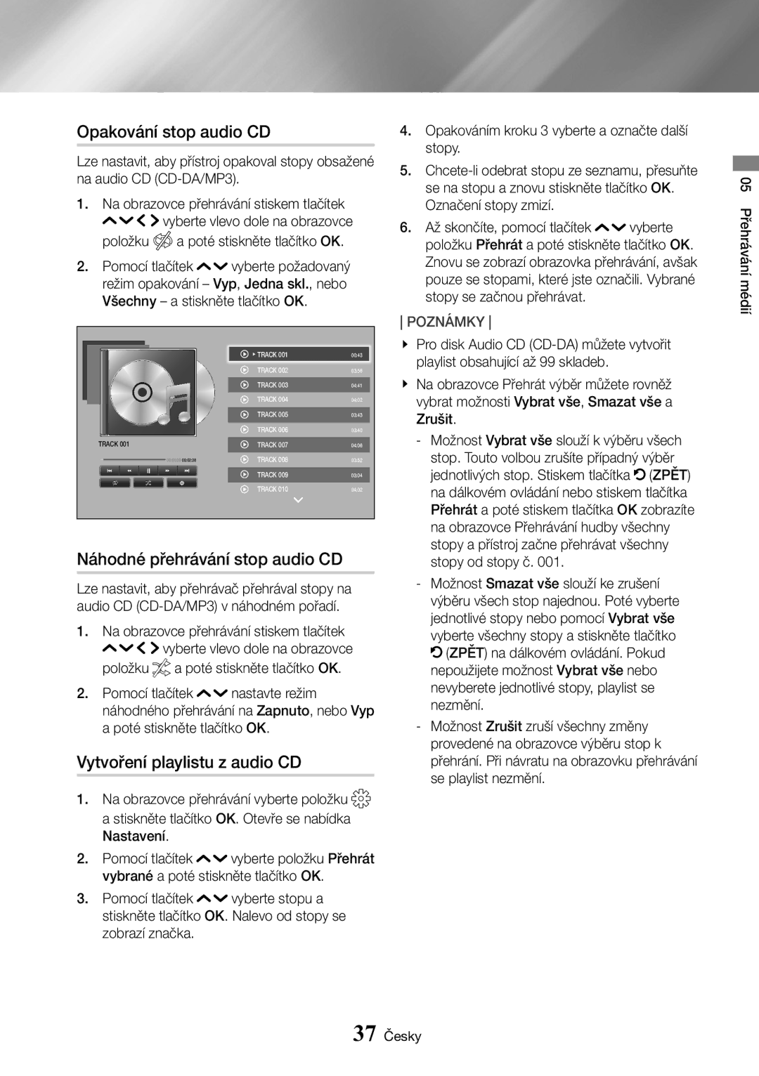 Samsung UBD-K8500/EN manual Opakování stop audio CD, Náhodné přehrávání stop audio CD, Vytvoření playlistu z audio CD 