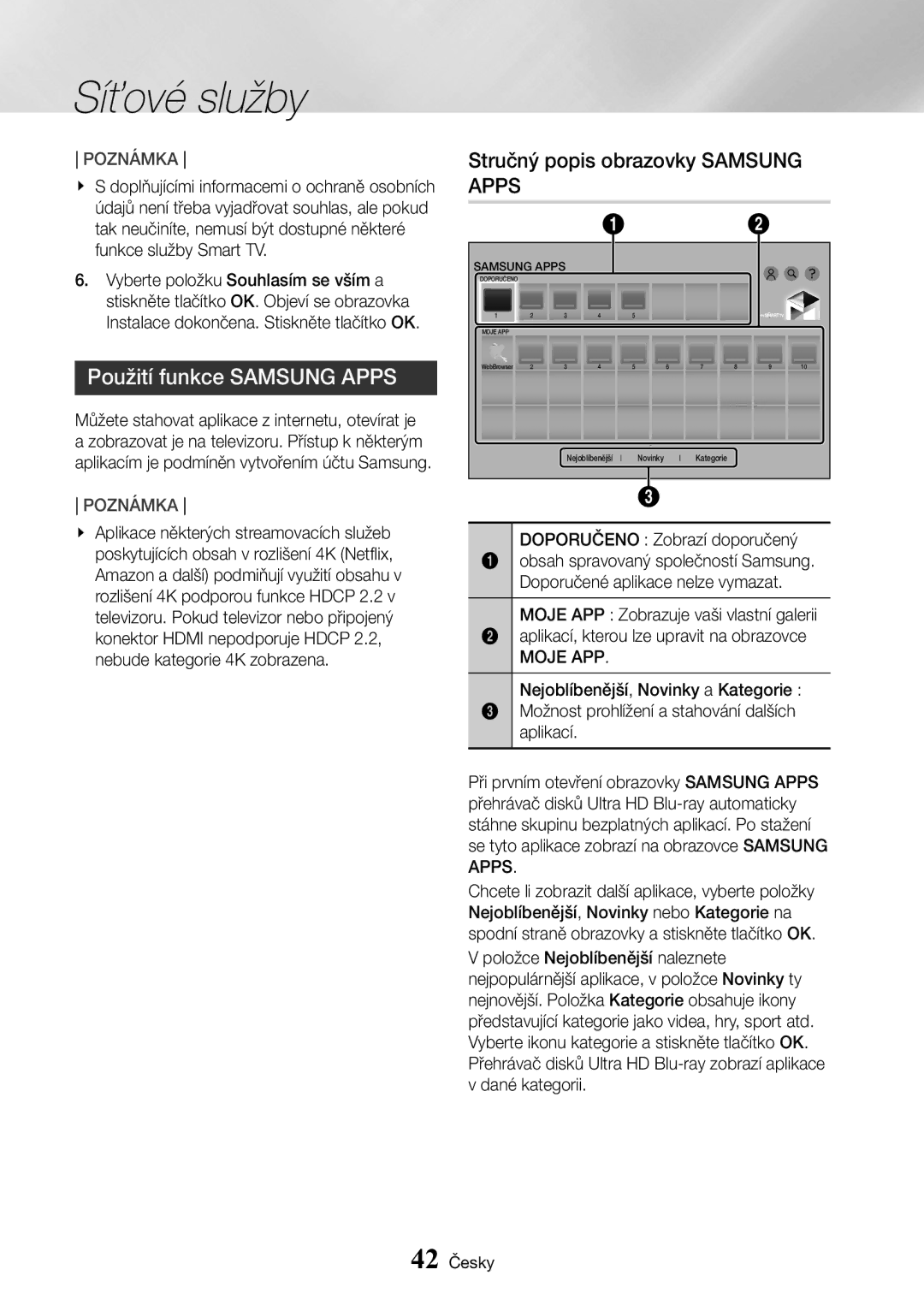 Samsung UBD-K8500/EN manual Použití funkce Samsung Apps, Stručný popis obrazovky Samsung Apps, Moje APP 