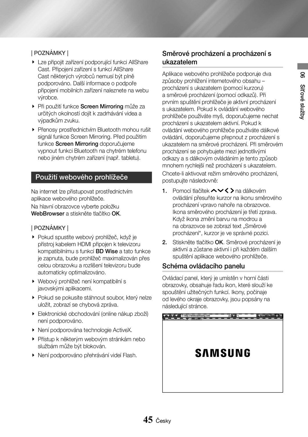 Samsung UBD-K8500/EN Použití webového prohlížeče, Směrové procházení a procházení s ukazatelem, Schéma ovládacího panelu 