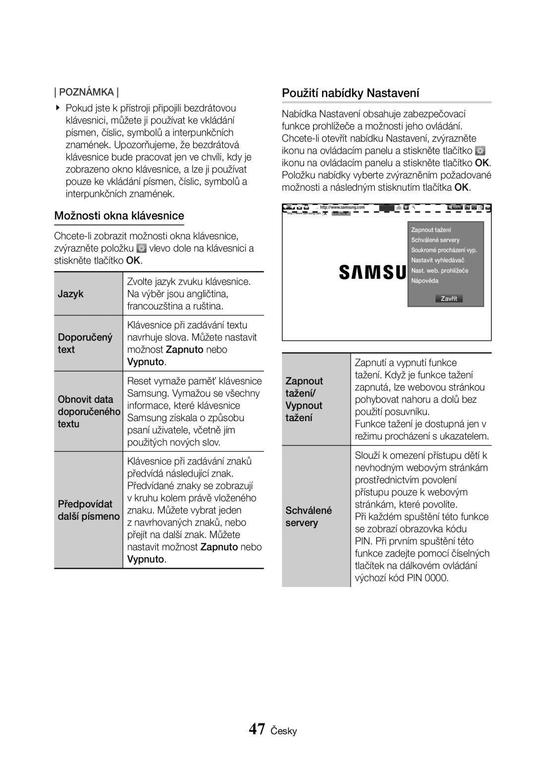 Samsung UBD-K8500/EN manual Použití nabídky Nastavení, Možnosti okna klávesnice 