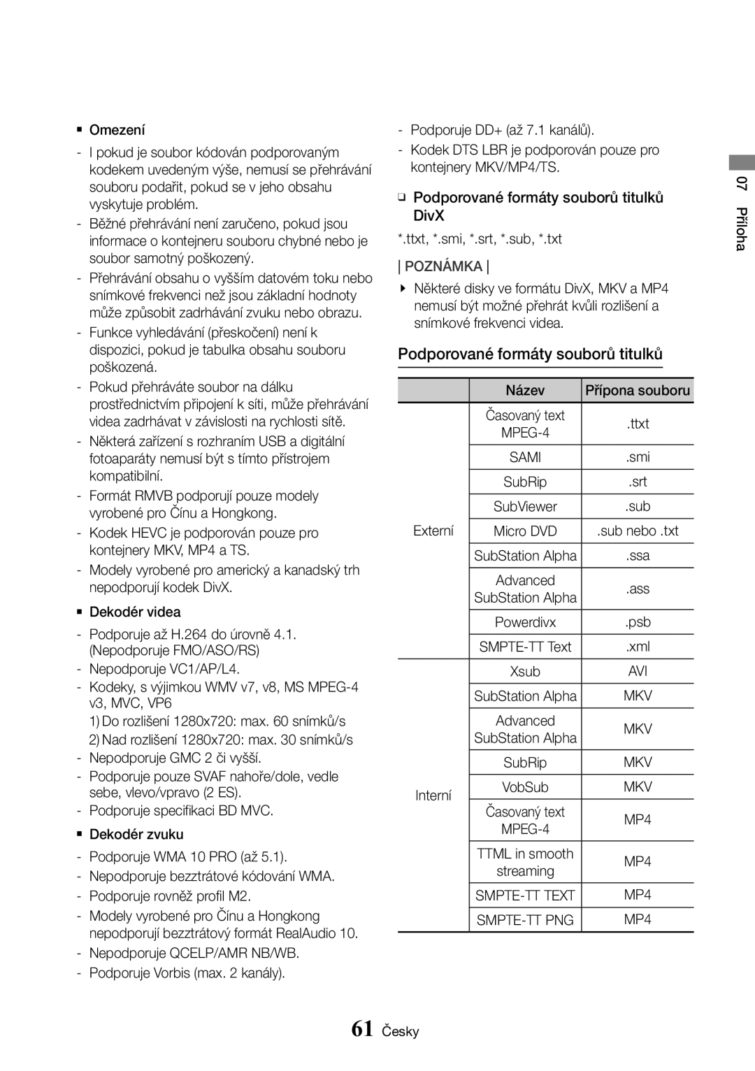 Samsung UBD-K8500/EN manual Podporované formáty souborů titulků, Externí, Interní 