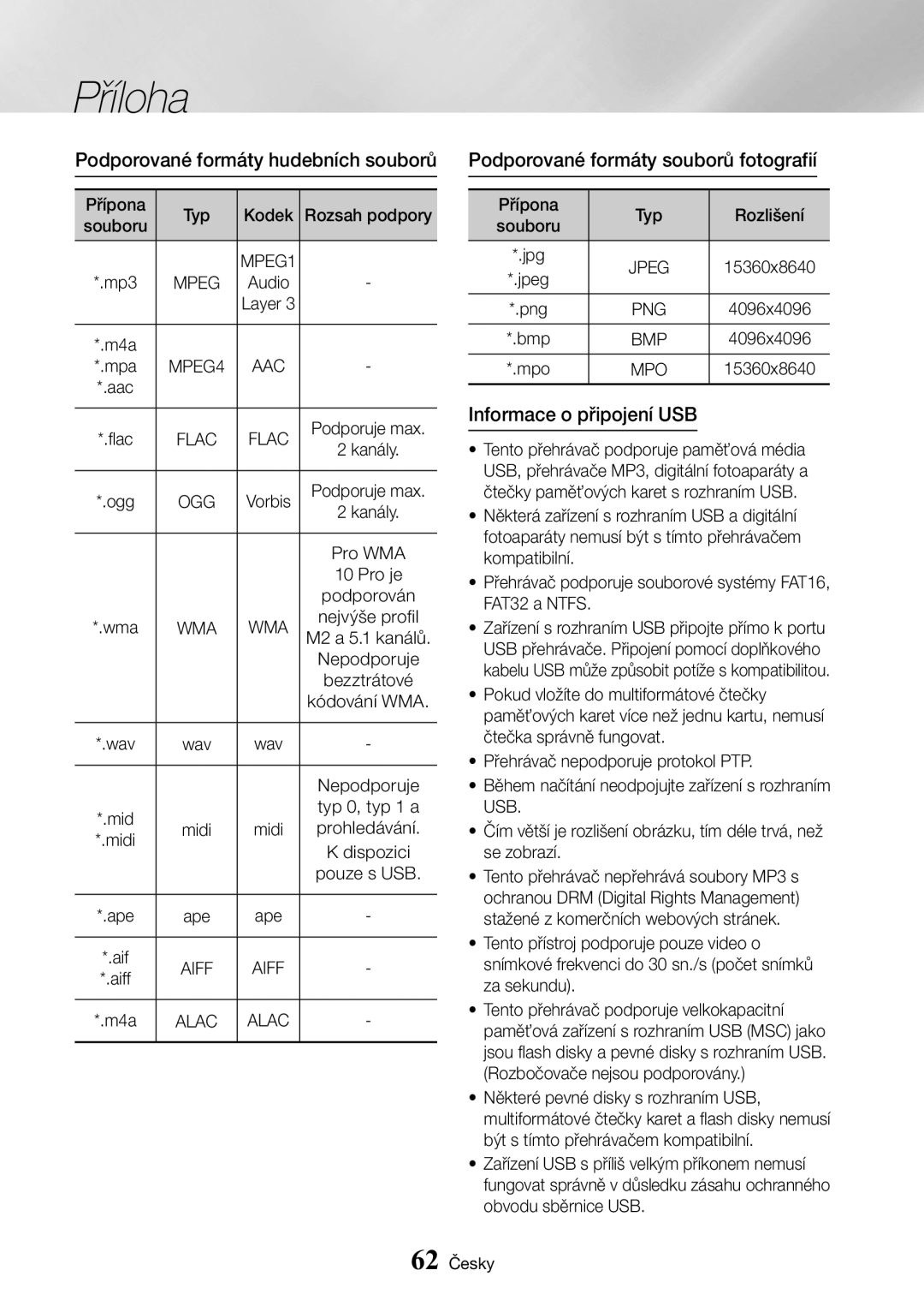 Samsung UBD-K8500/EN manual Podporované formáty hudebních souborů, Podporované formáty souborů fotografií 