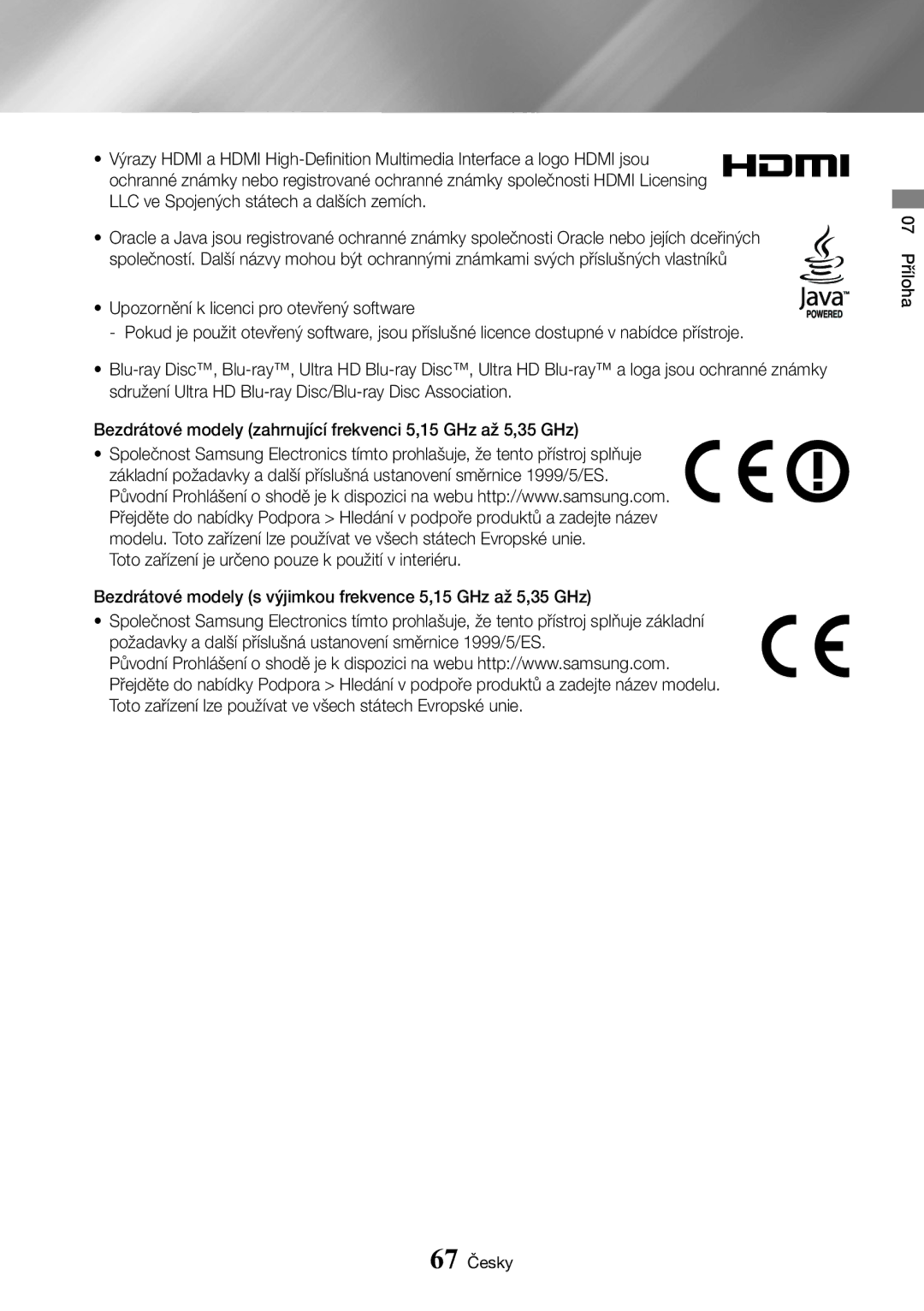Samsung UBD-K8500/EN manual 07 Příloha 67 Česky 
