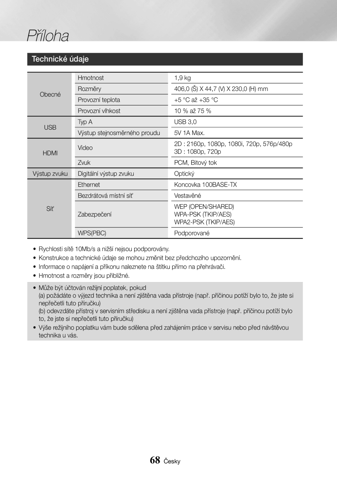 Samsung UBD-K8500/EN manual Technické údaje, Wep Open/Shared, Wpa-Psk Tkip/Aes, WPA2-PSK TKIP/AES, Wpspbc 