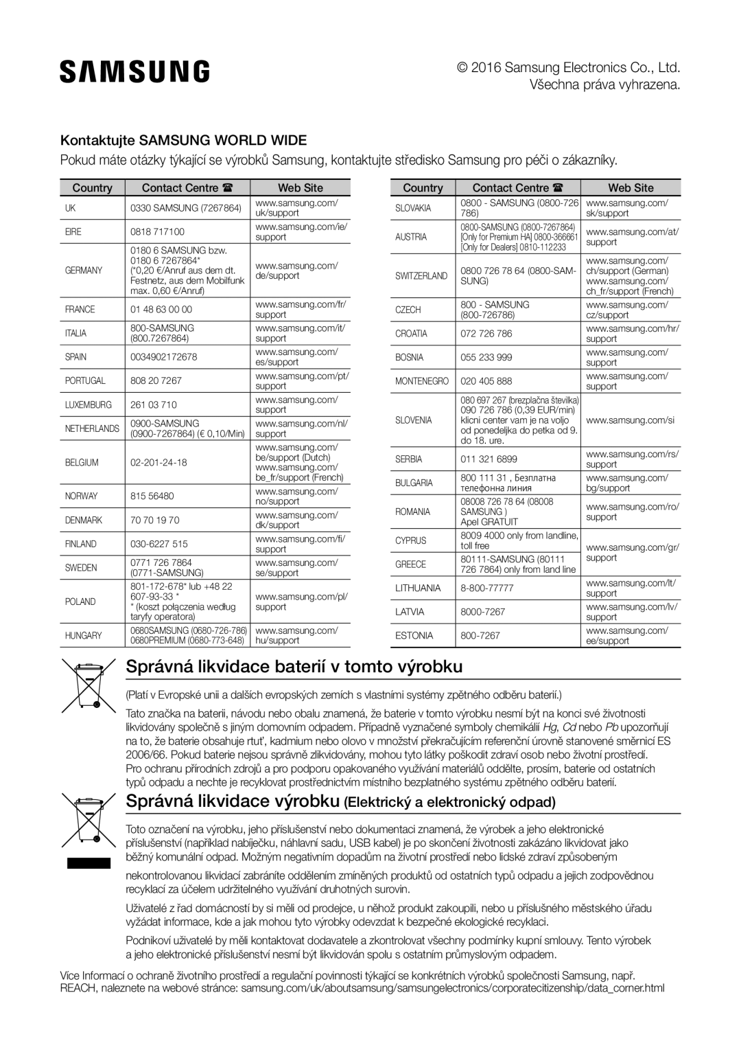 Samsung UBD-K8500/EN manual Správná likvidace baterií v tomto výrobku, Country Contact Centre  Web Site 
