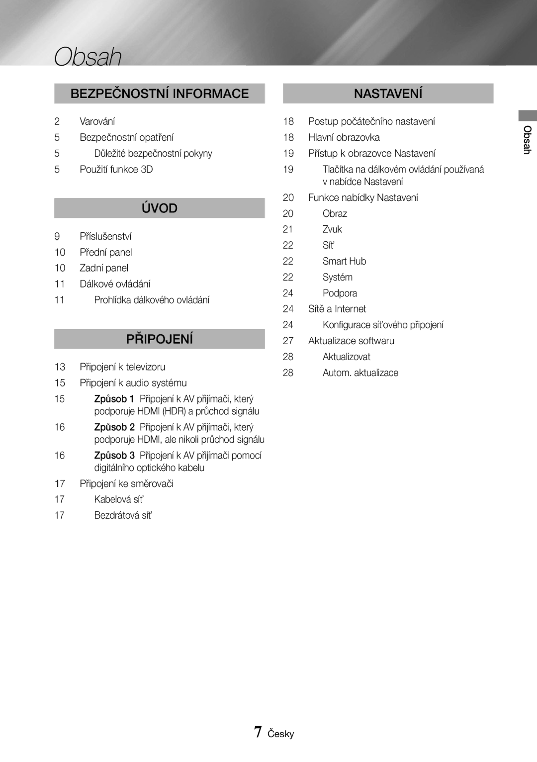 Samsung UBD-K8500/EN manual Obsah, Varování, Důležité bezpečnostní pokyny Použití funkce 3D 