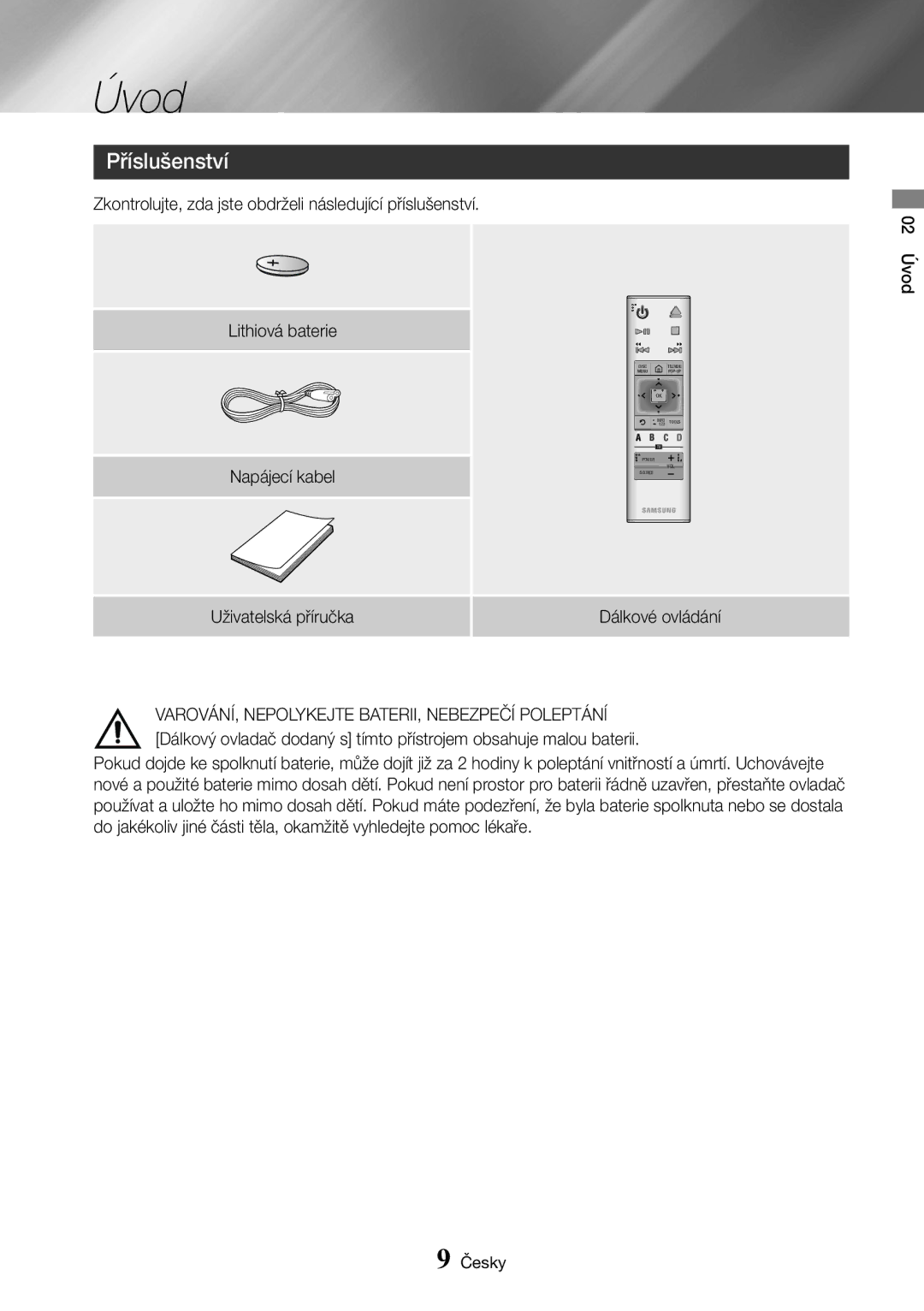 Samsung UBD-K8500/EN manual Úvod, Příslušenství, Zkontrolujte, zda jste obdrželi následující příslušenství 