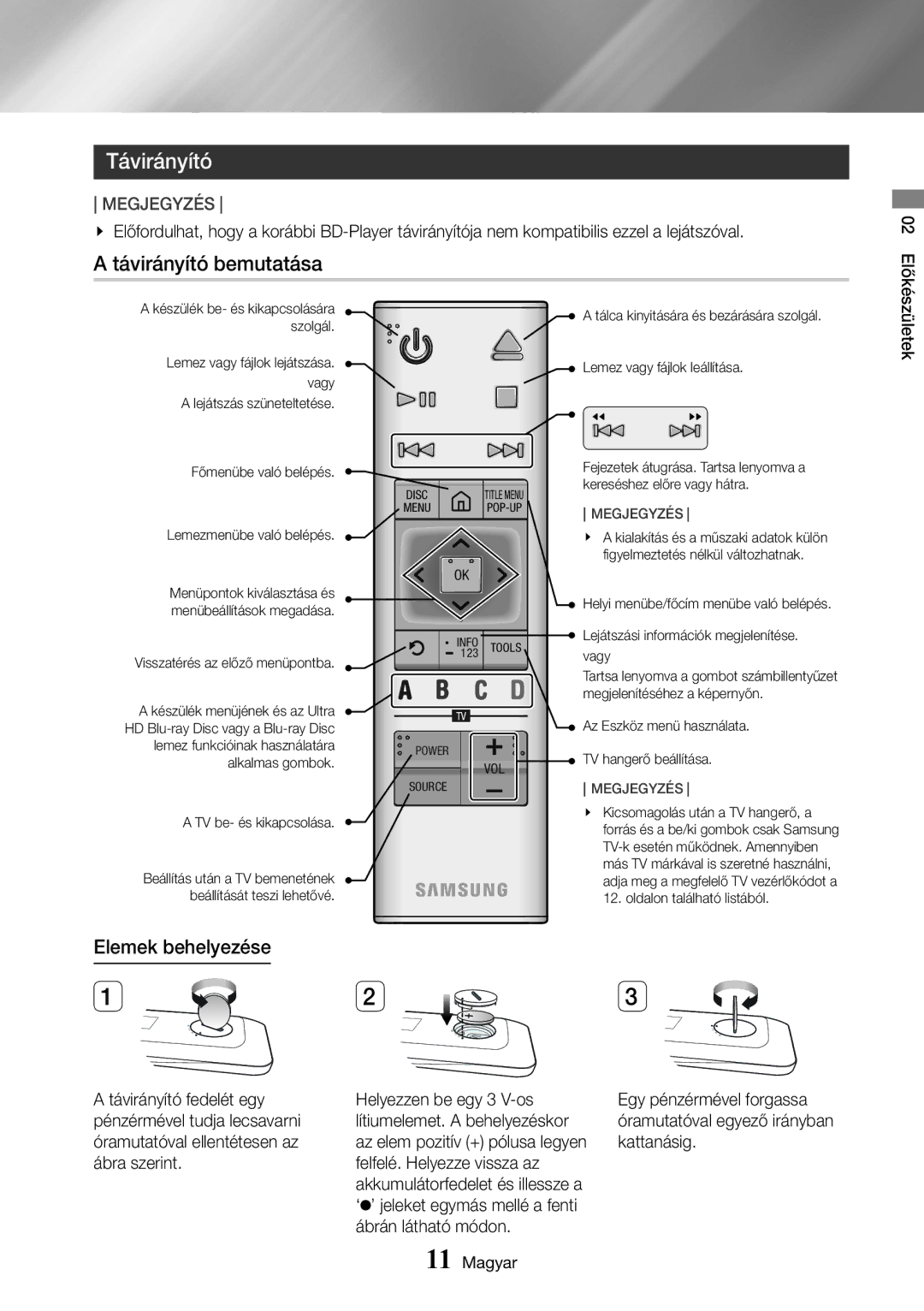 Samsung UBD-K8500/EN manual Távirányító bemutatása, Elemek behelyezése 