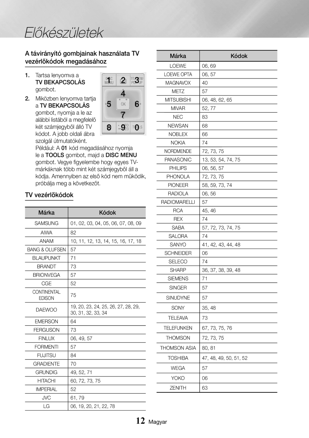 Samsung UBD-K8500/EN manual TV vezérlőkódok, Tartsa lenyomva a, TV Bekapcsolás, Márkáknak több mint két számjegyből áll a 