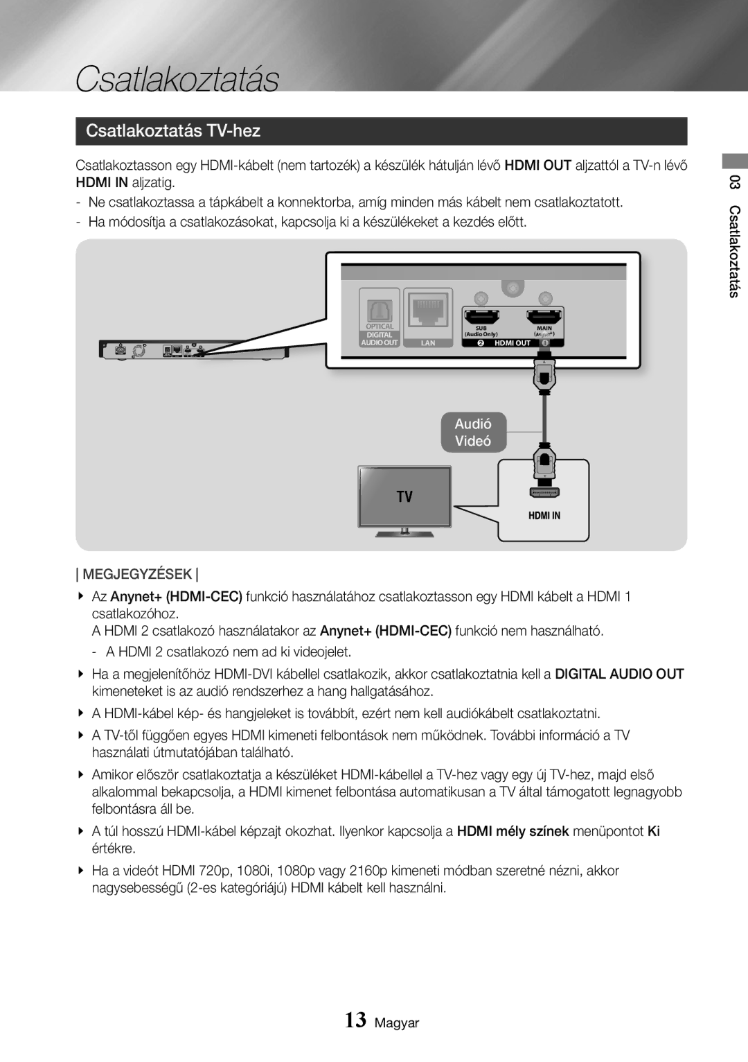 Samsung UBD-K8500/EN manual Csatlakoztatás TV-hez 