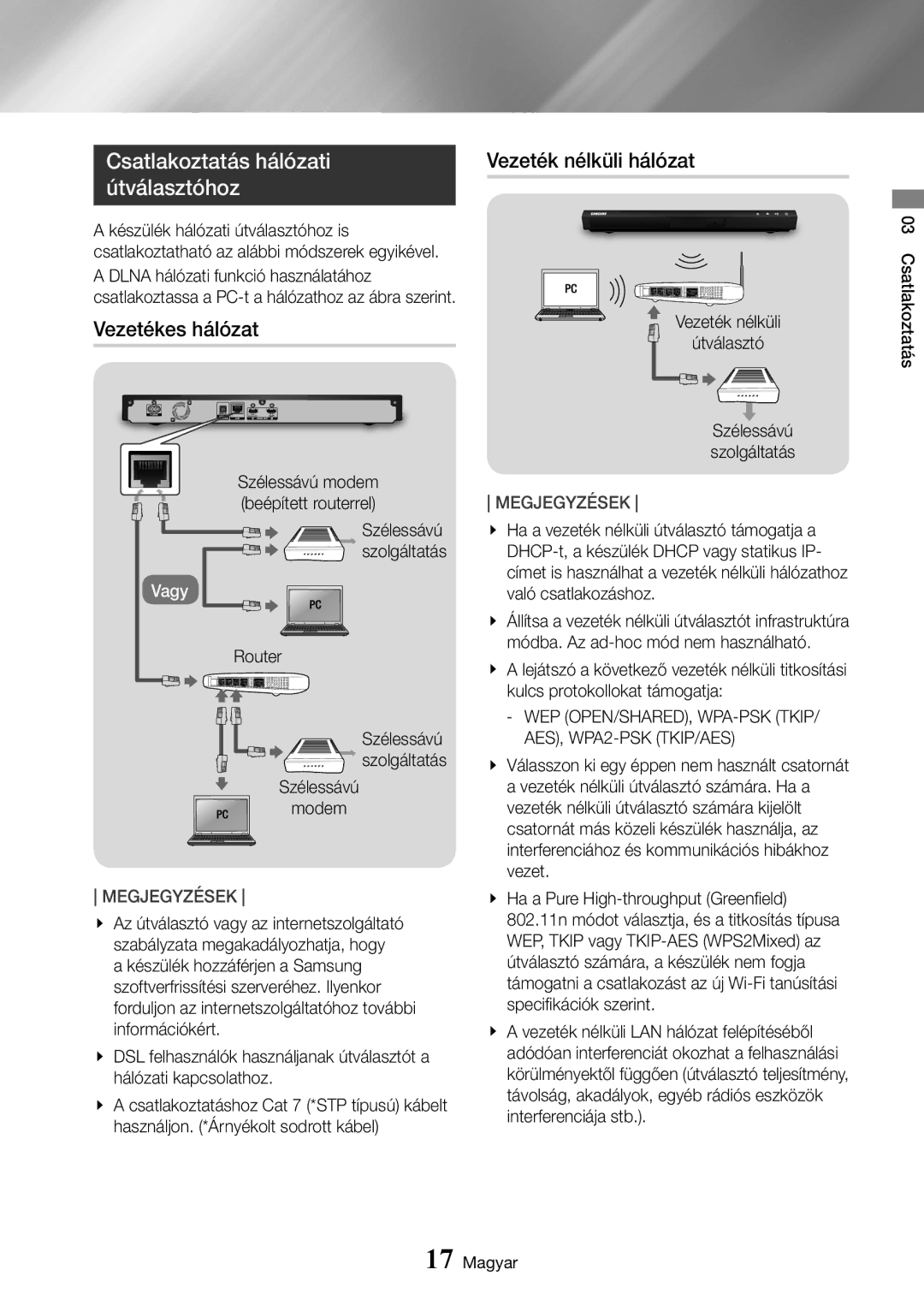 Samsung UBD-K8500/EN manual Csatlakoztatás hálózati útválasztóhoz, Vezetékes hálózat, Vezeték nélküli hálózat 