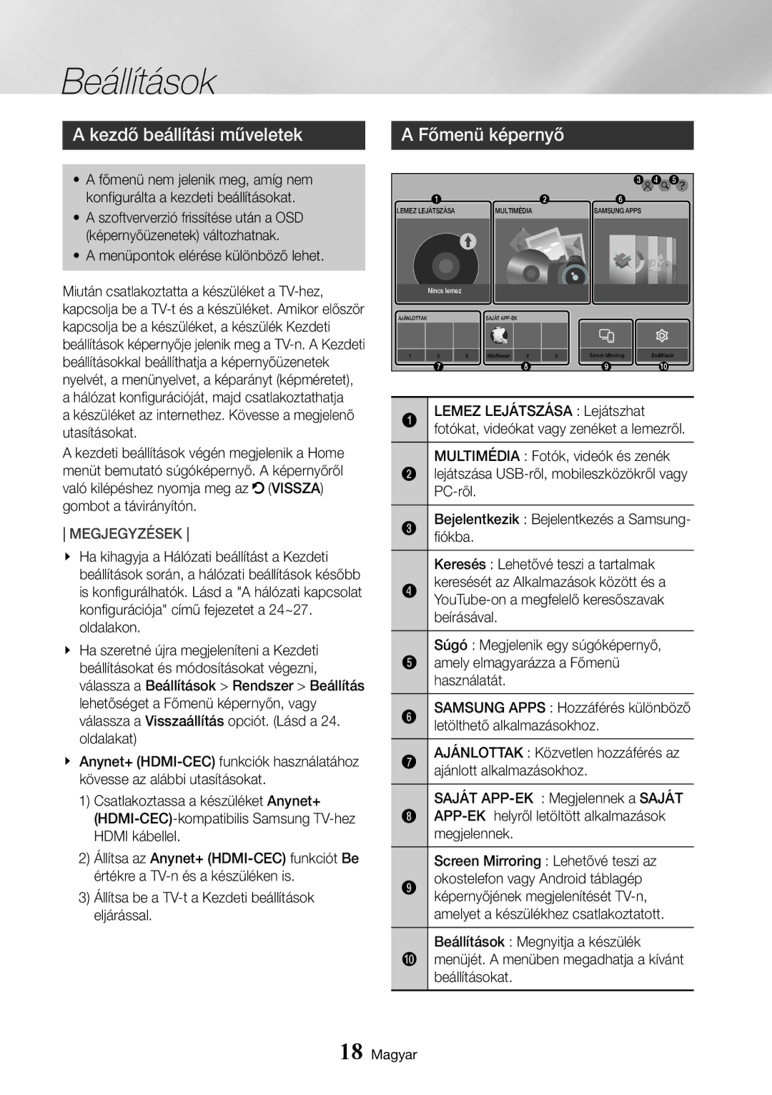 Samsung UBD-K8500/EN manual Beállítások, Kezdő beállítási műveletek 