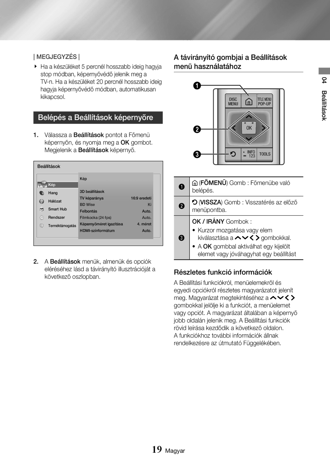 Samsung UBD-K8500/EN manual Belépés a Beállítások képernyőre, Távirányító gombjai a Beállítások menü használatához 