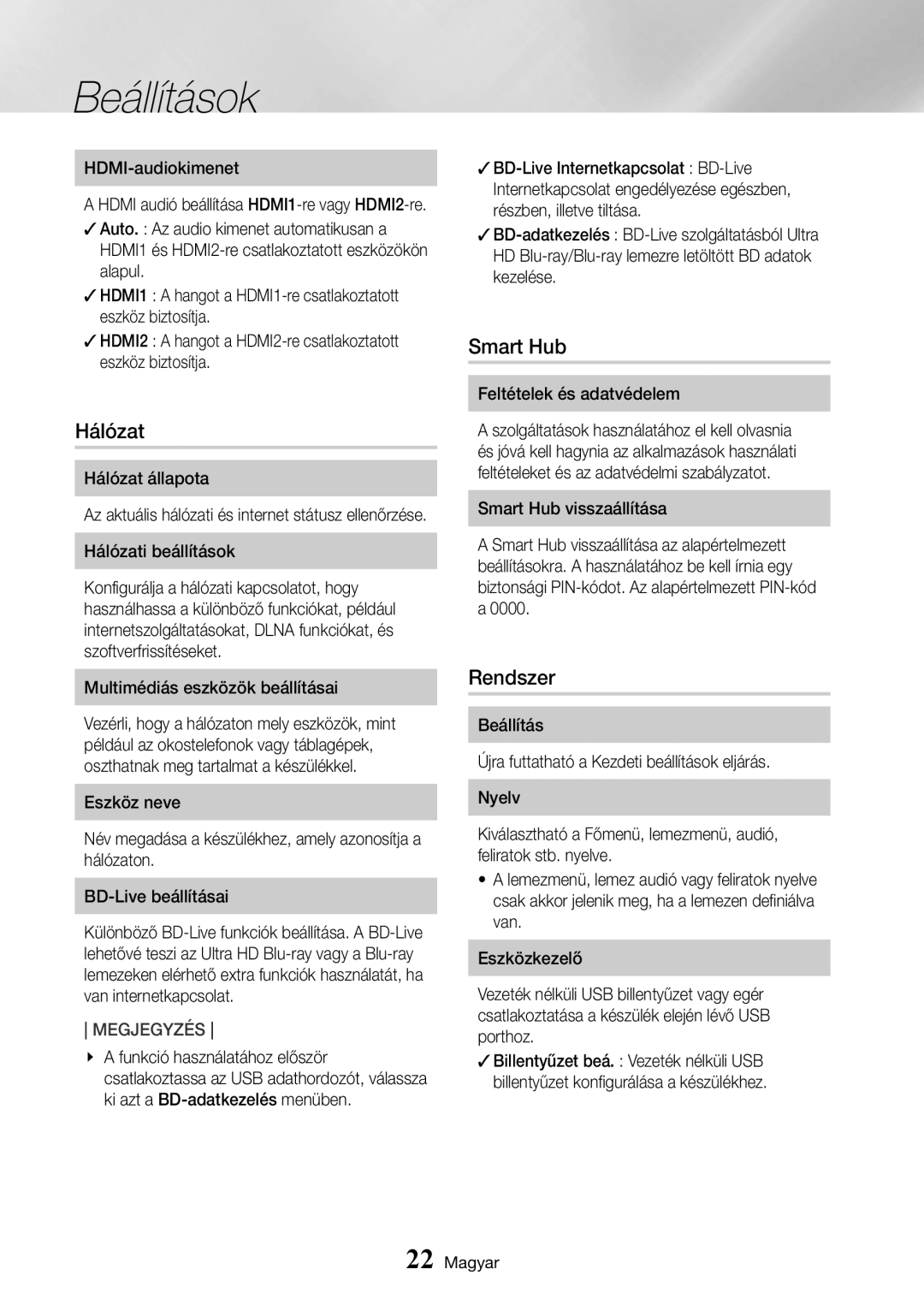 Samsung UBD-K8500/EN manual Hálózat, Smart Hub, Rendszer 