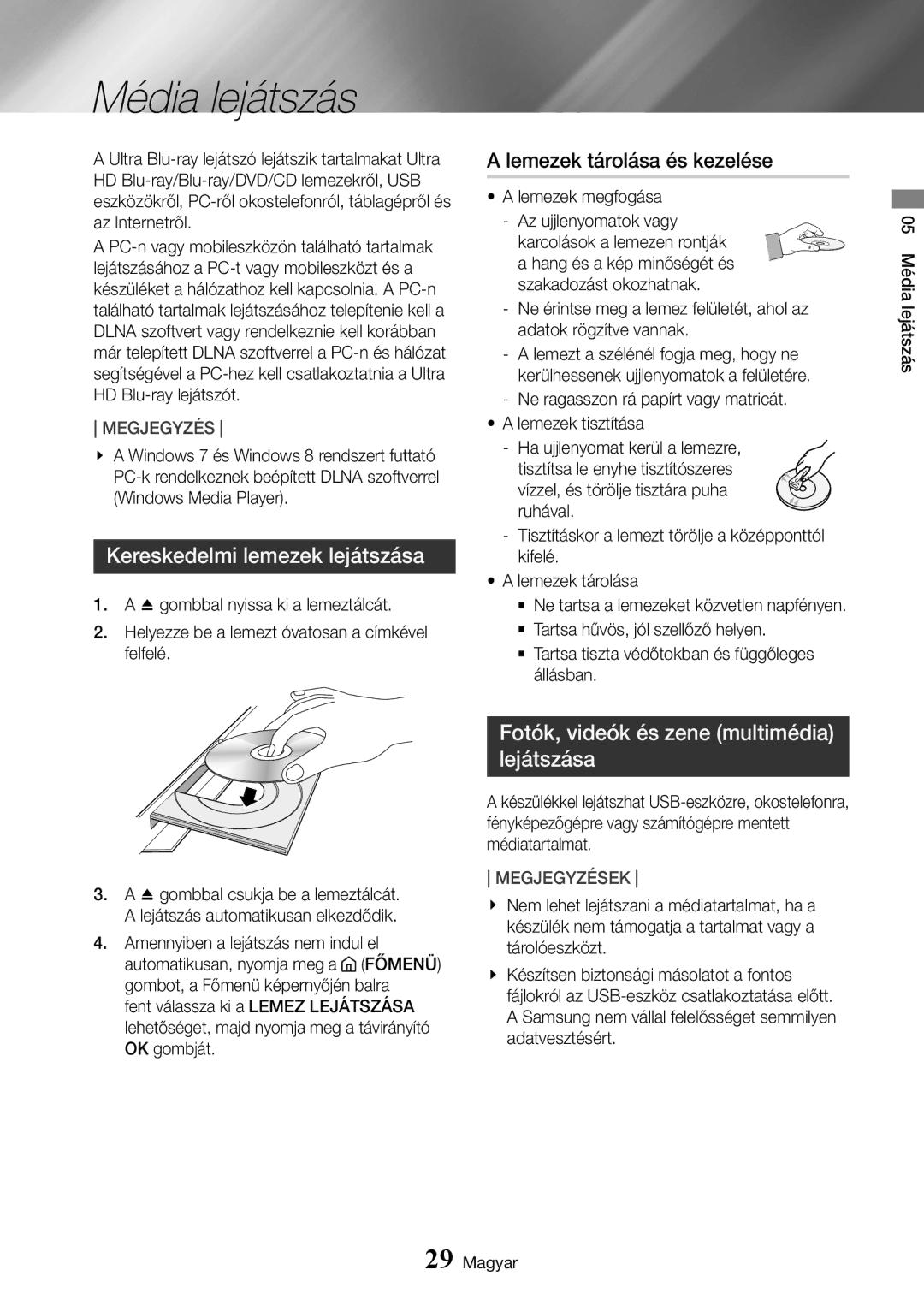 Samsung UBD-K8500/EN manual Média lejátszás, Kereskedelmi lemezek lejátszása, Lemezek tárolása és kezelése 