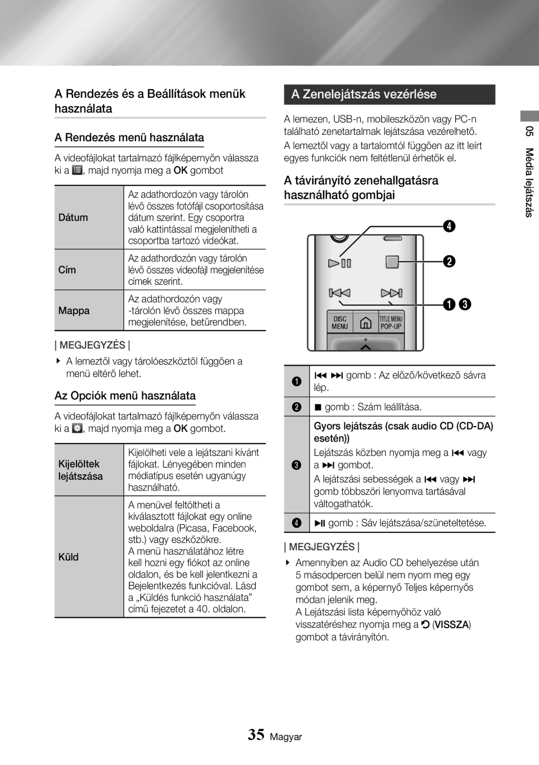 Samsung UBD-K8500/EN manual Rendezés és a Beállítások menük használata, Zenelejátszás vezérlése, Rendezés menü használata 