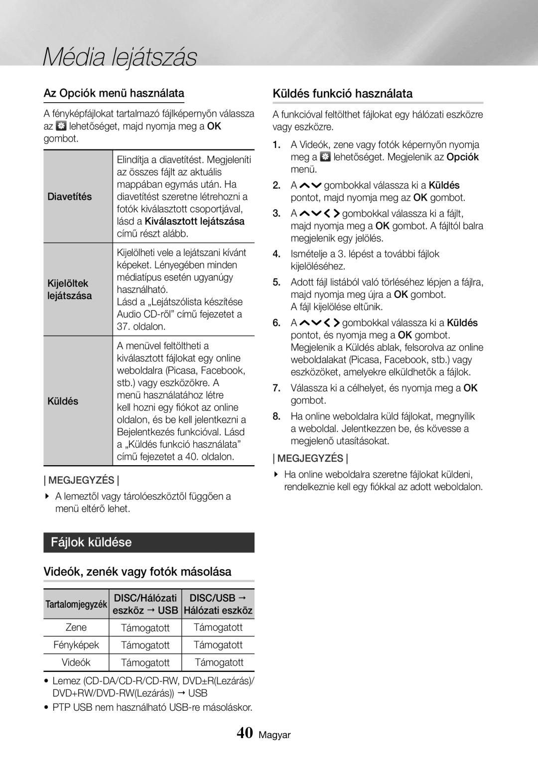 Samsung UBD-K8500/EN manual Fájlok küldése, Videók, zenék vagy fotók másolása, Küldés funkció használata 