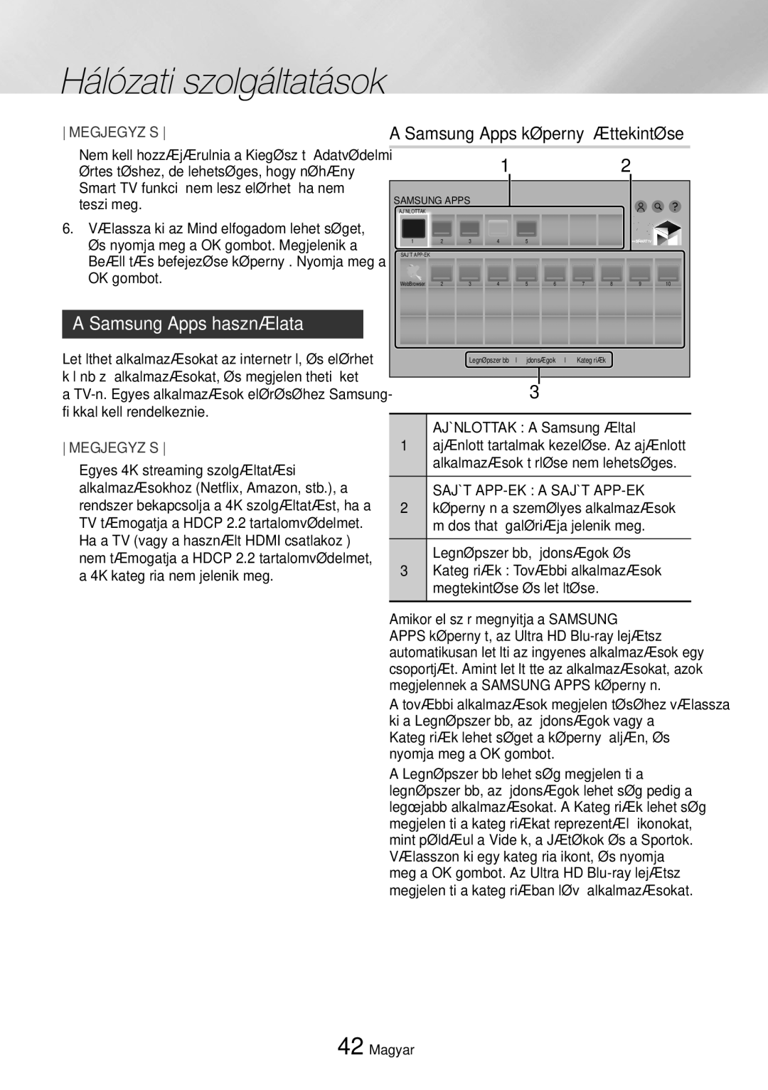 Samsung UBD-K8500/EN manual Samsung Apps használata, Samsung Apps képernyő áttekintése, Ajánlottak a Samsung által 