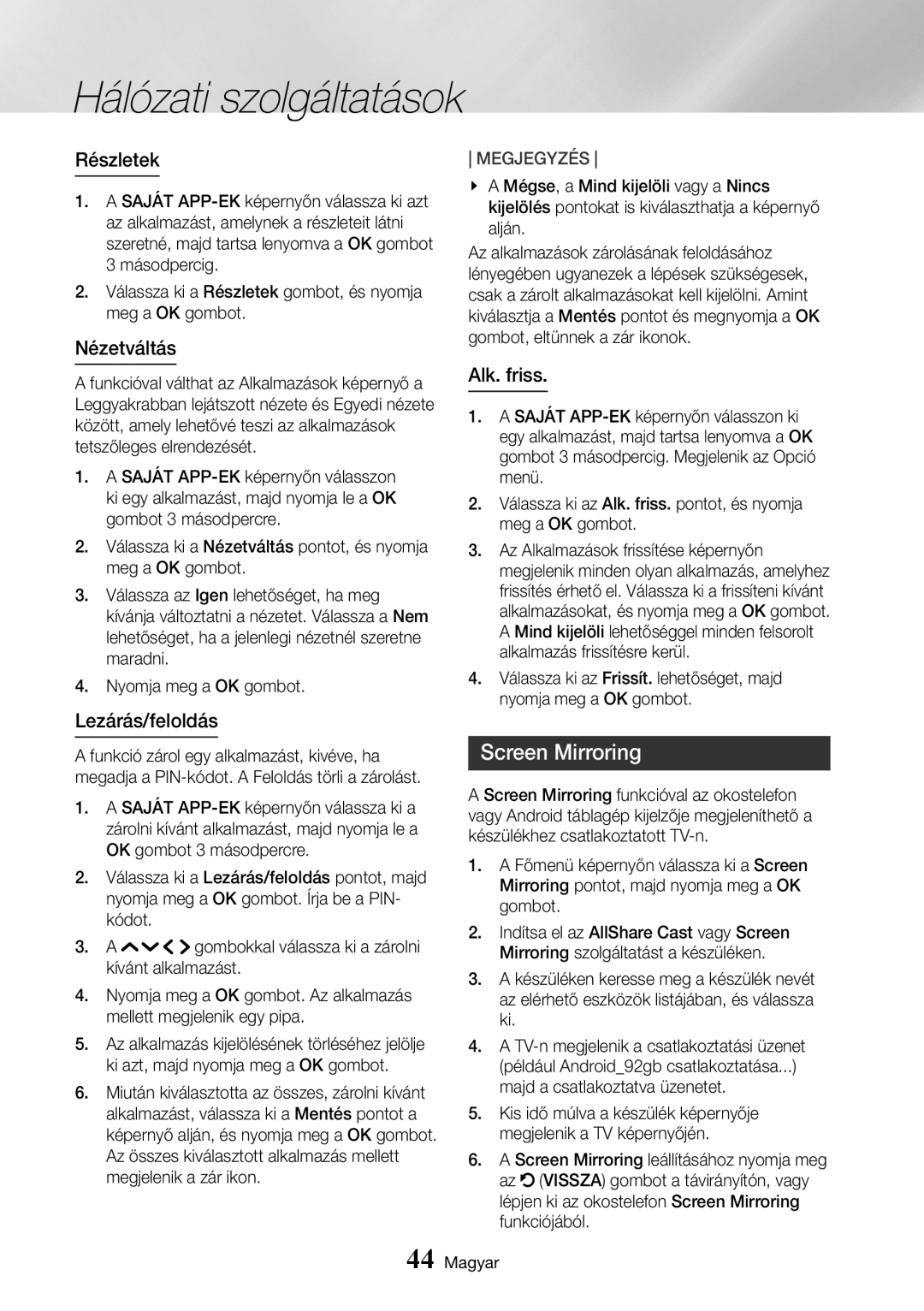 Samsung UBD-K8500/EN manual Screen Mirroring, Részletek, Nézetváltás, Lezárás/feloldás, Alk. friss 