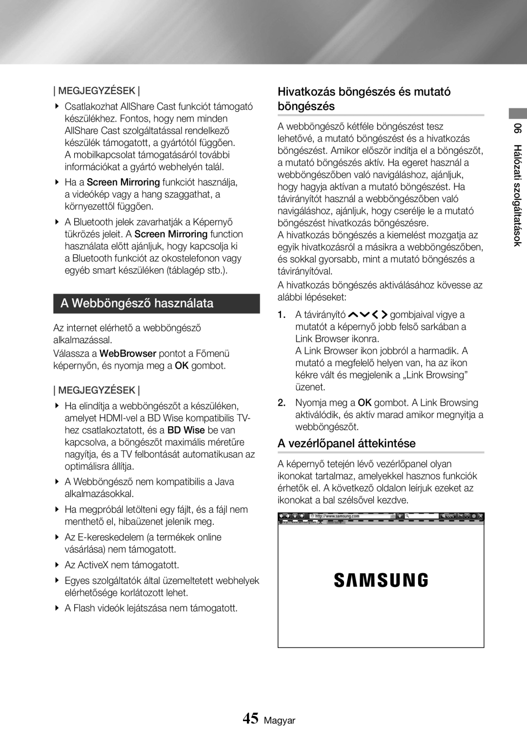 Samsung UBD-K8500/EN manual Webböngésző használata, Hivatkozás böngészés és mutató böngészés, Vezérlőpanel áttekintése 