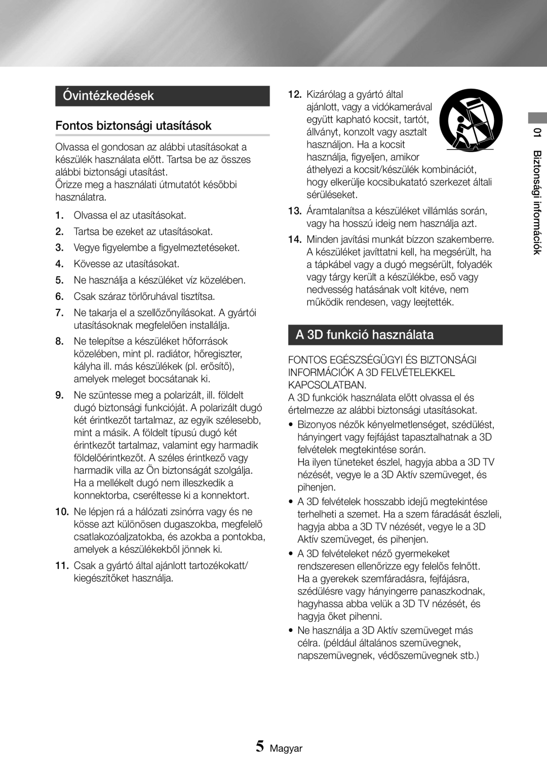 Samsung UBD-K8500/EN manual Óvintézkedések, Fontos biztonsági utasítások, 3D funkció használata 