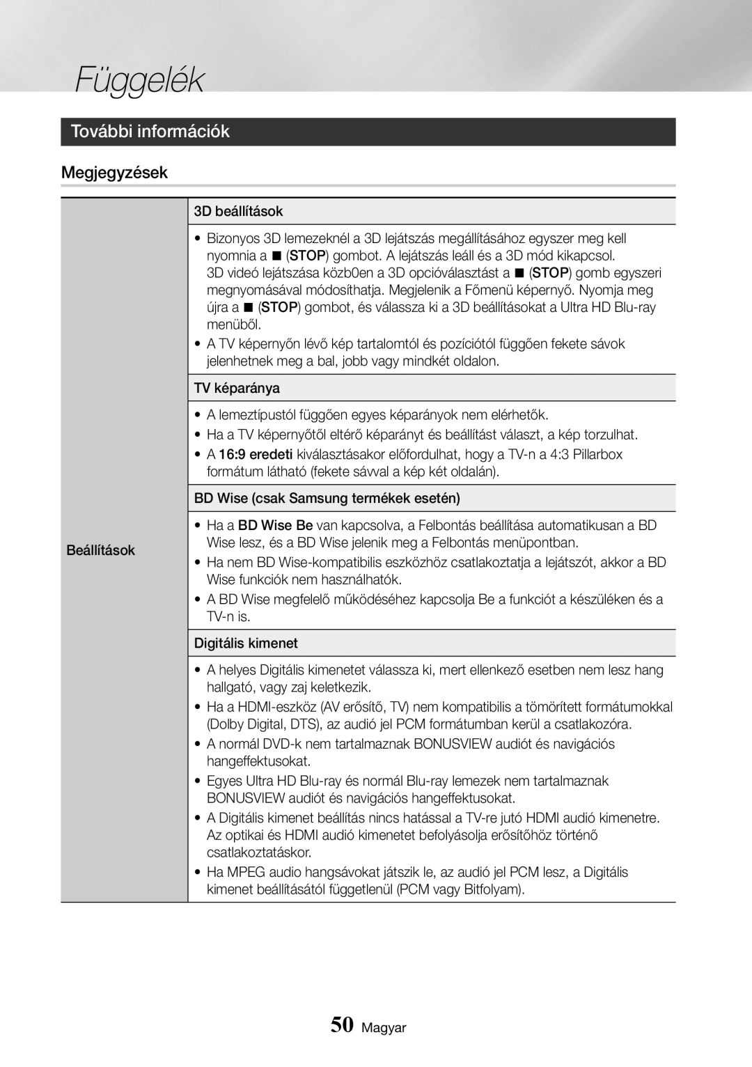 Samsung UBD-K8500/EN manual Függelék, További információk, Megjegyzések, Beállítások 3D beállítások 