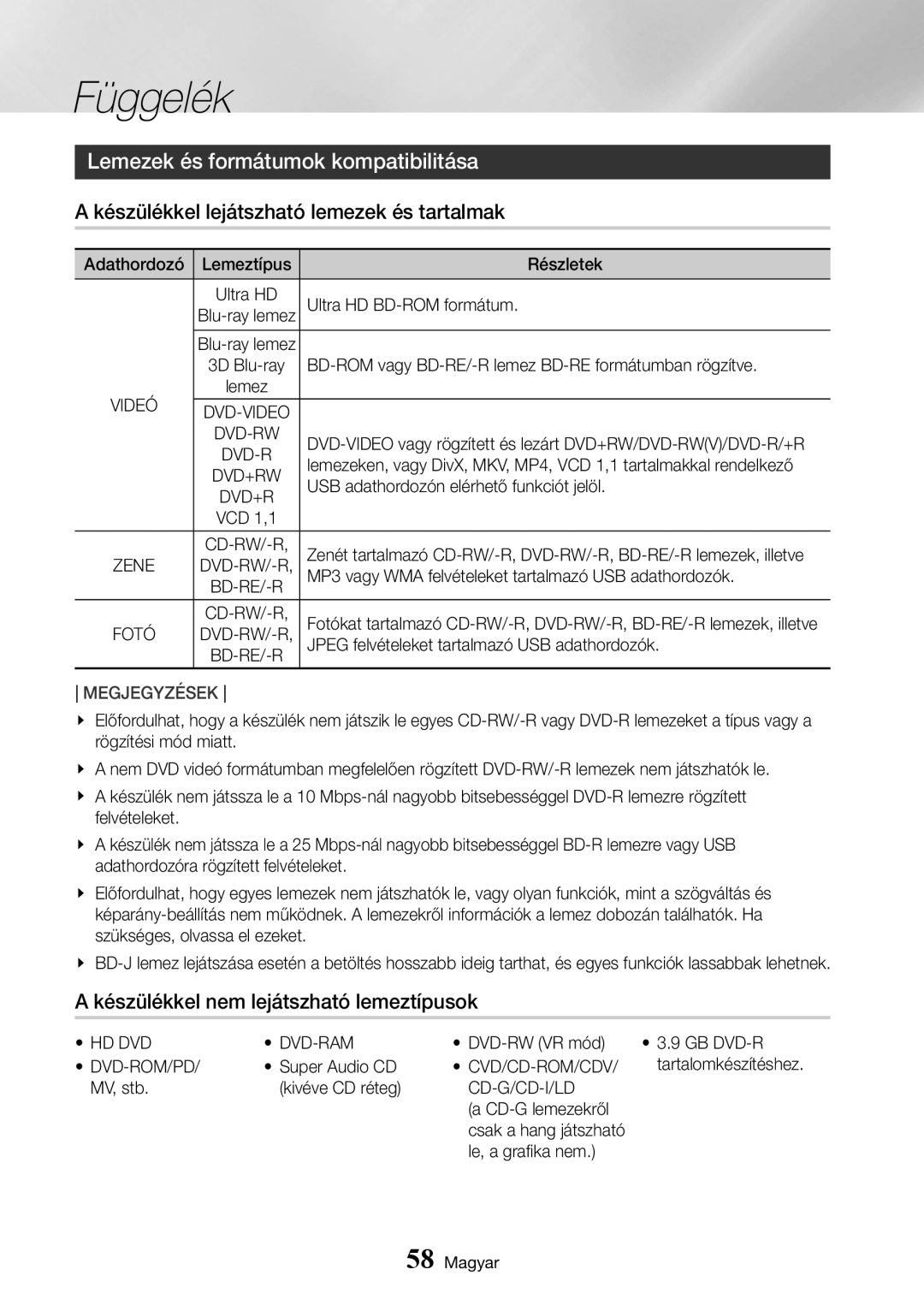 Samsung UBD-K8500/EN manual Lemezek és formátumok kompatibilitása, Készülékkel lejátszható lemezek és tartalmak 