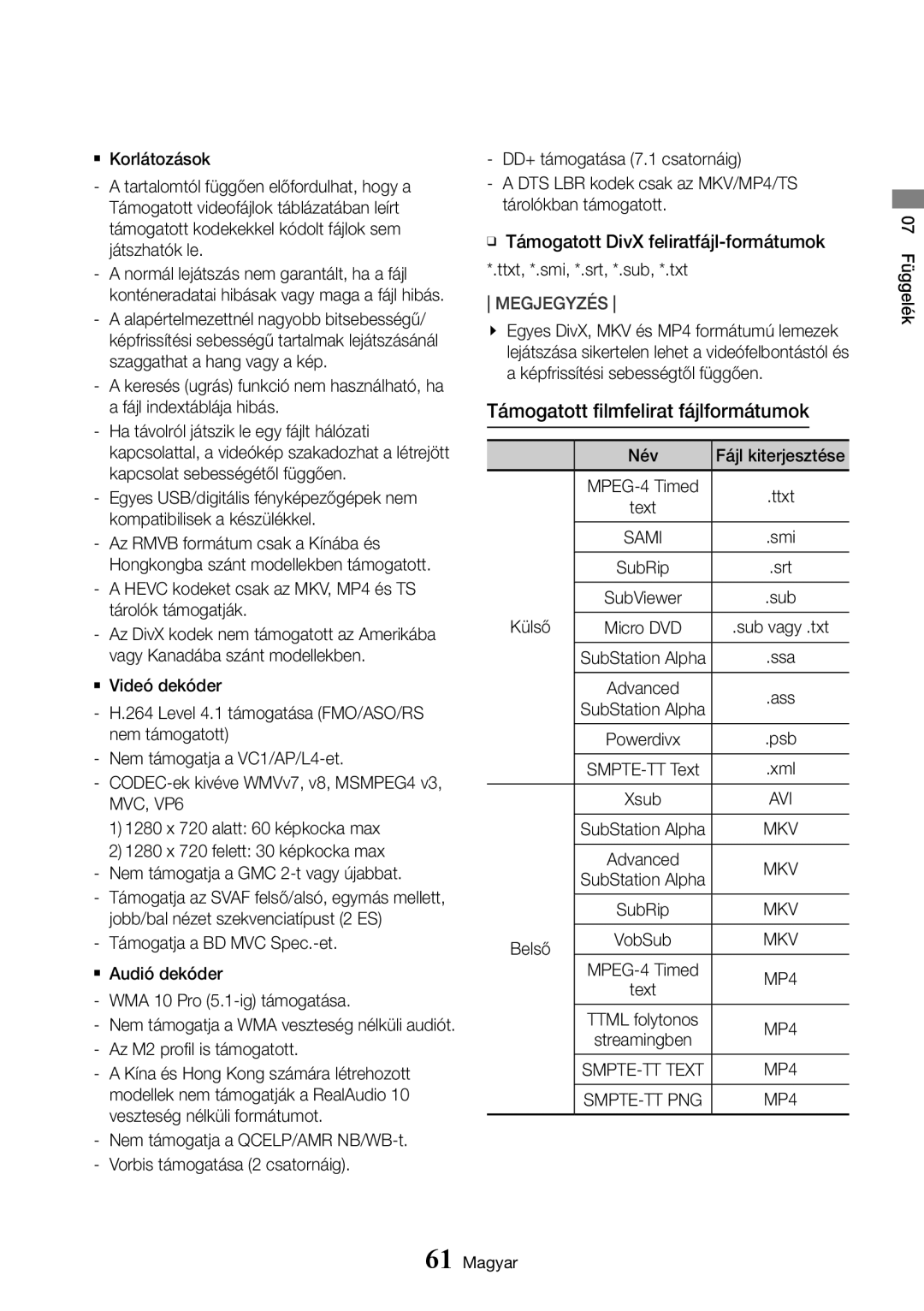 Samsung UBD-K8500/EN manual Támogatott filmfelirat fájlformátumok, `` Korlátozások, Külső, Belső 