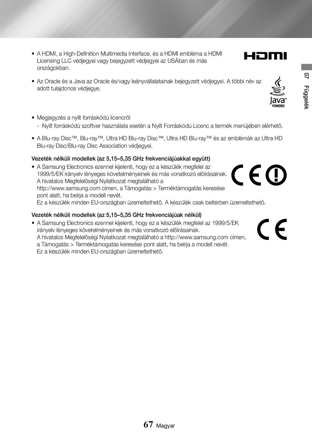 Samsung UBD-K8500/EN manual Ez a készülék minden EU-országban üzemeltethető 