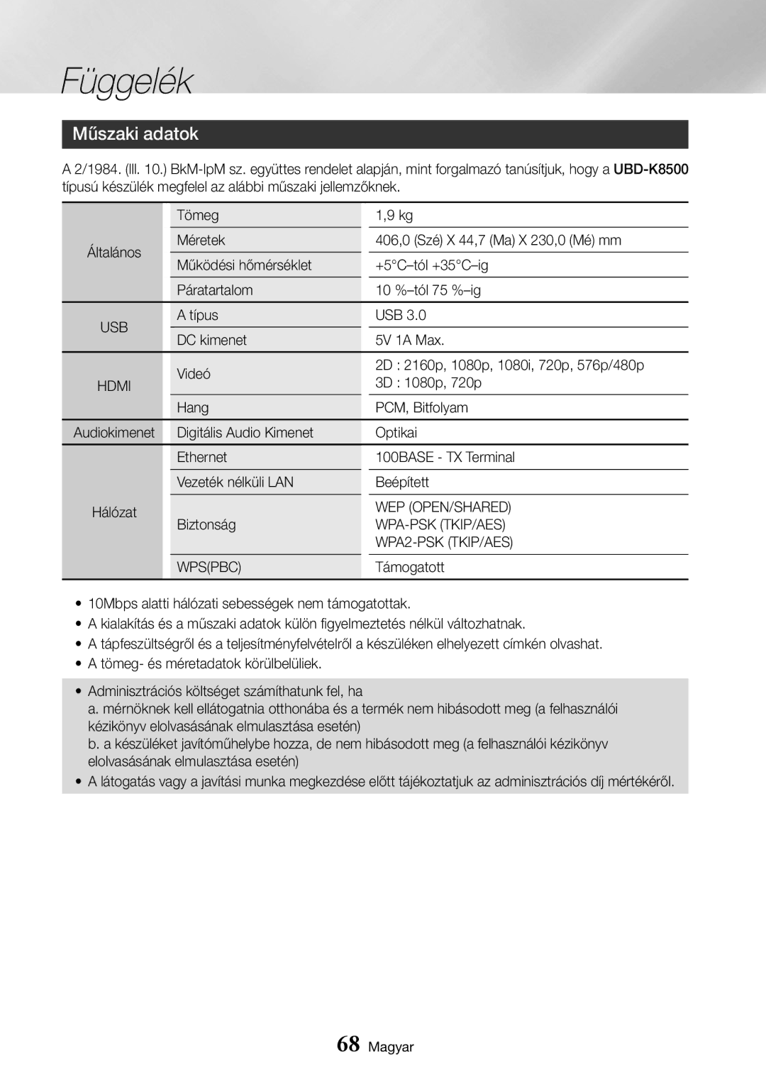 Samsung UBD-K8500/EN manual Műszaki adatok 